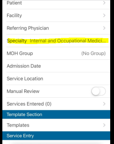 Mobile billing app setting default specialty