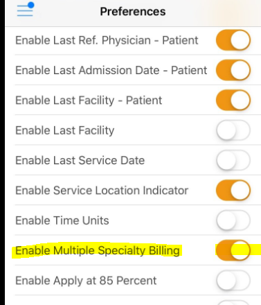 Mobile billing app settings menu