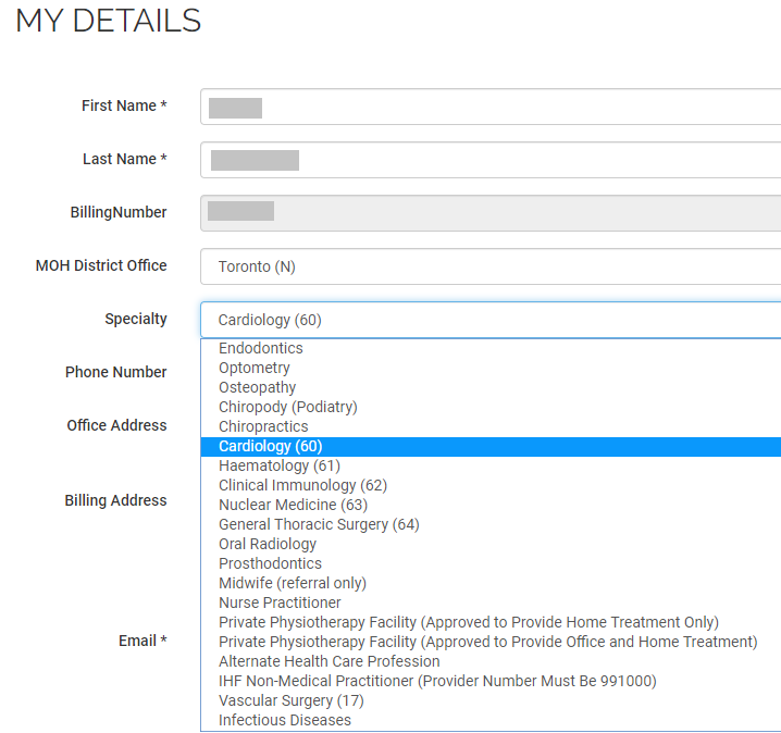 Setting your specialty on my details screen MDBilling.ca