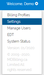 MDBilling.ca settings menu